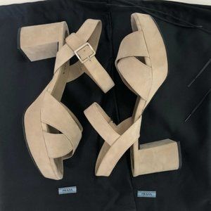 PRADA Beige/Nude Suede Platform Sandal Heels